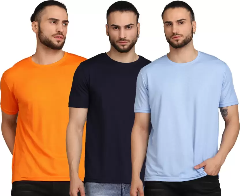 Men Solid Mandarin Collar Light Blue T-Shirt 3